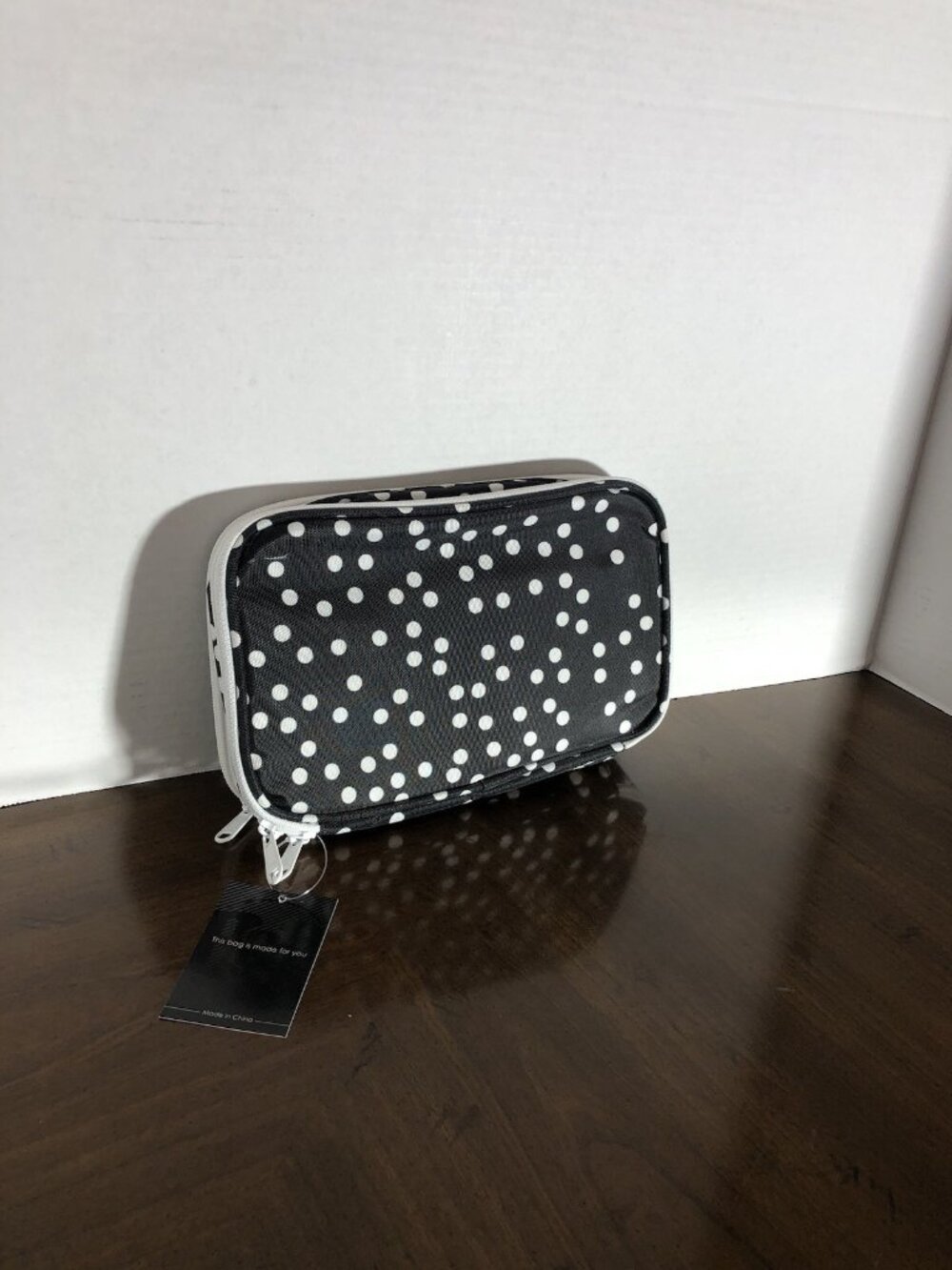 B & C Travel Jewelry Storage Bag In Black With White Dots 9,5” x 6” x 2”